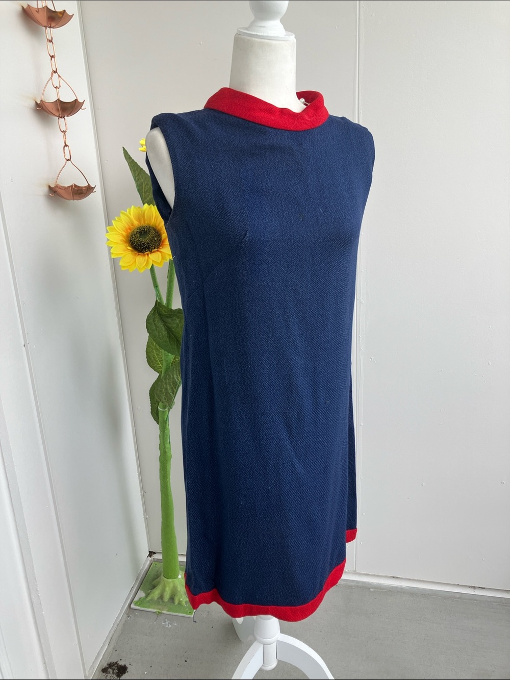 Vintage 60s Mod Shift Dress Solid Color Navy with Red Mock Neck and Hemline